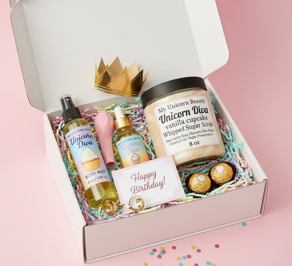 Unicorn Diva Birthday Gift Set (Vanilla Cupcake Sugar Scrub, Body Mist, & Body Oil)