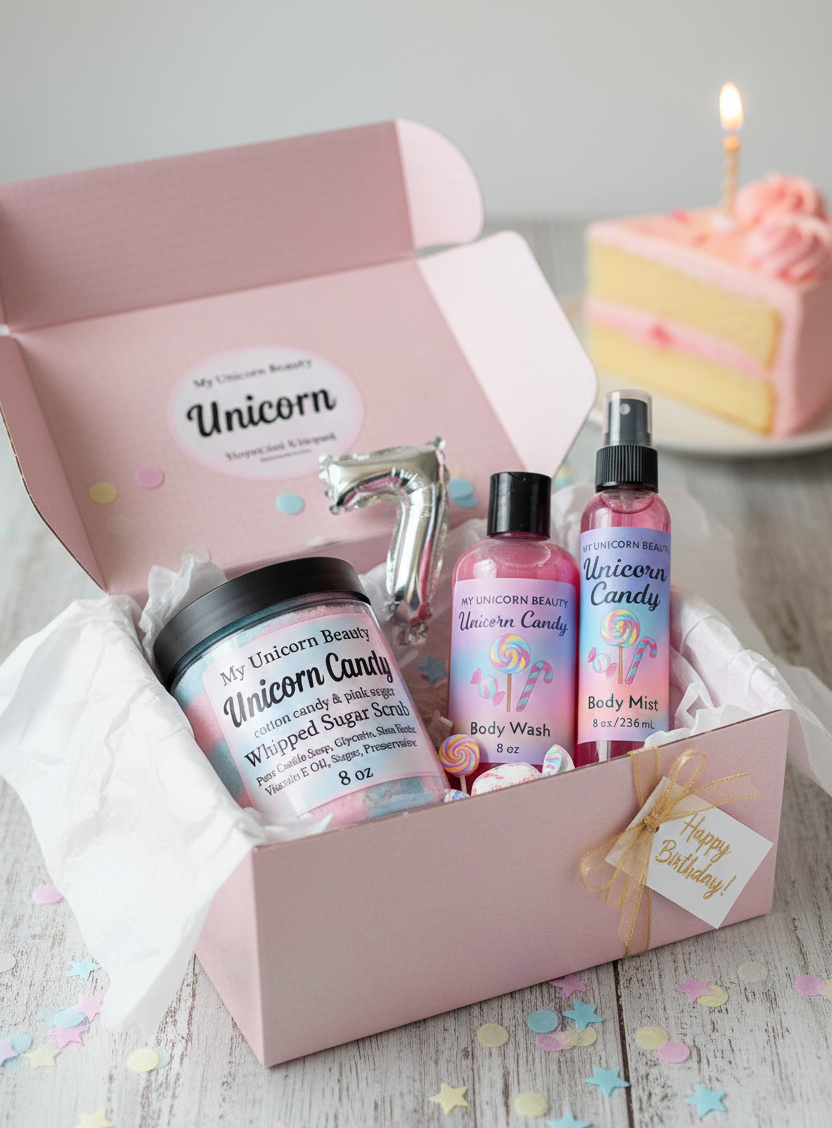 Unicorn Candy Birthday Gift Set (Cotton Candy & Pink Sugar Mist, Body Wash, & Sugar Scrub)