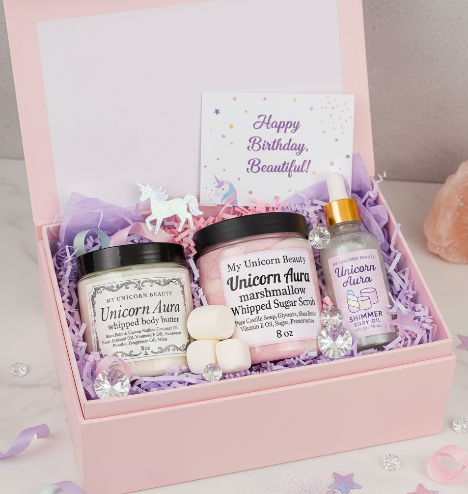 Unicorn Aura Birthday Gift Set (Marshmallow Whipped Scrub, Body Butter & Shimmer Oil Set)